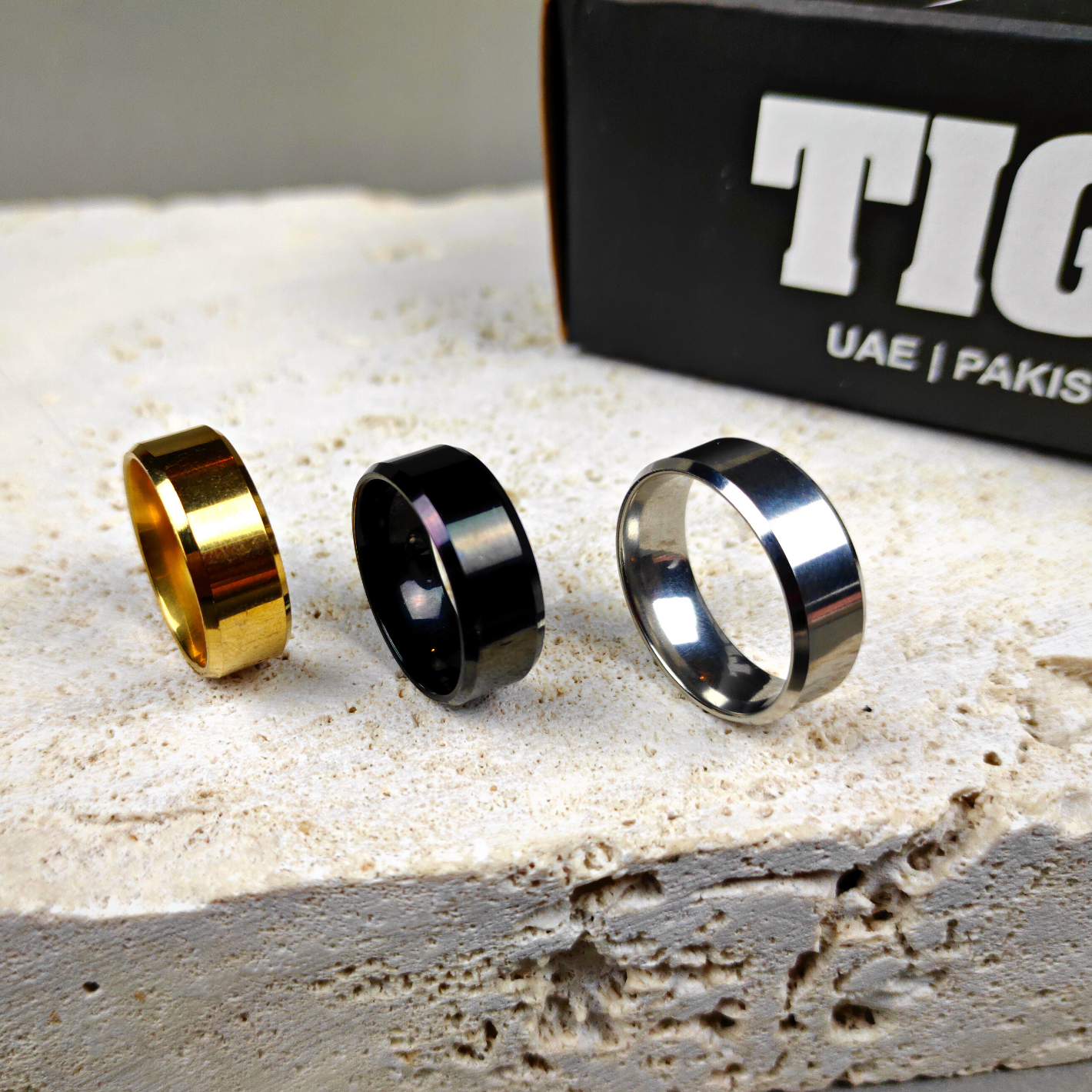 Pack of 3 Angular Steel Rings (Black, Silver, Golden)